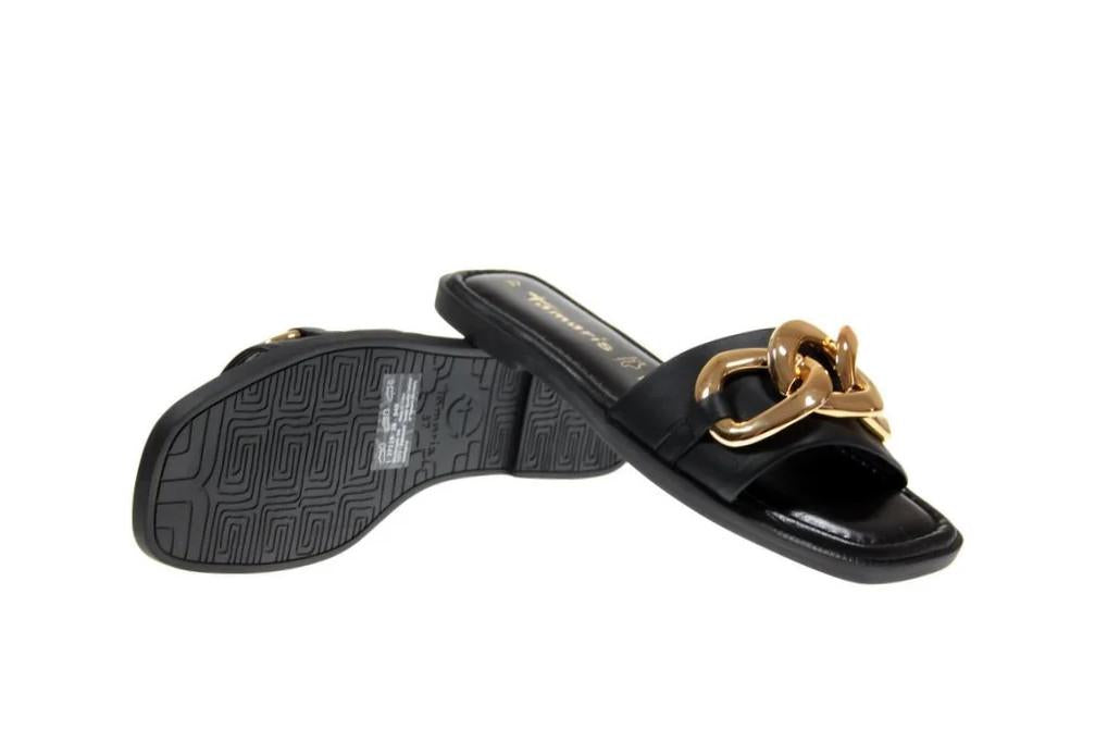 Sandalias Planas de Pala Tamaris 27119TA Negras para Mujer | Piel Natural y Plantilla Confort