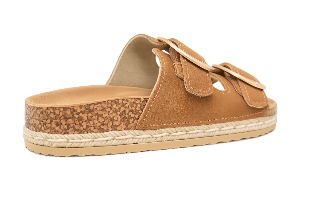 Sandalias doble suela Isteria 1012 camel de Piel para mujer| Sandalias Planas Bio con Hebilla