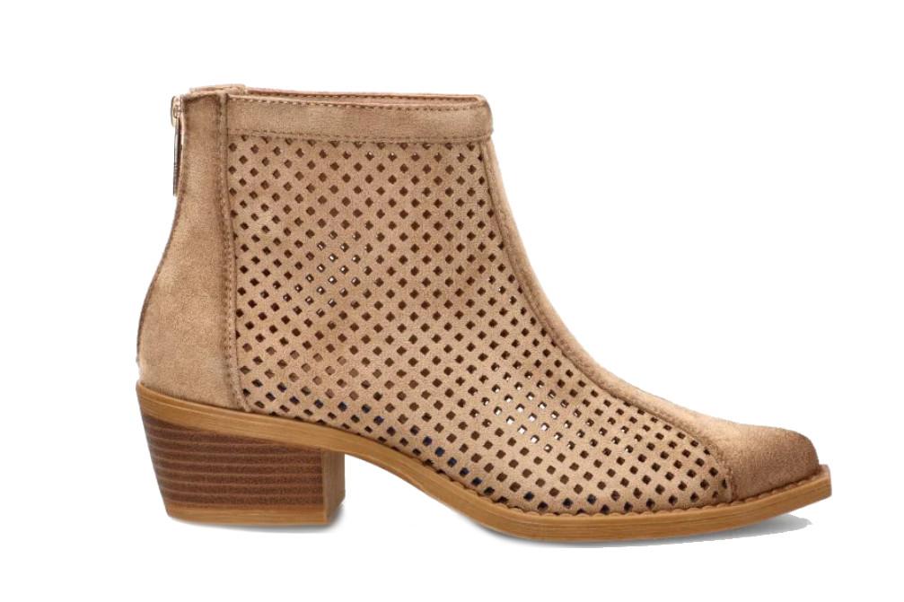 Botín calado para ETIKA Prome 31129 taupe con tacón medio cómodo y cremallera lateral- Botín cowboy de verano