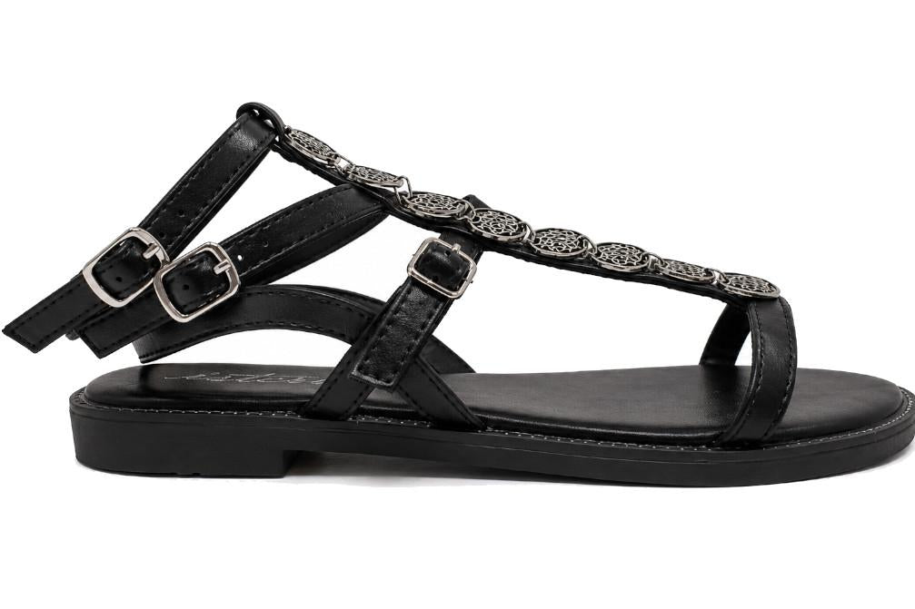 Sandalias Romanas Mujer ISTERIA 1179 negro| Sandalia Plana Vegana con Monedas Decorativas