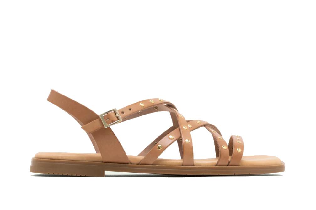Sandalias Planas Porronet Blair Mujer Piel Taupe – Diseño con Tachuelas Doradas y Máximo Confort