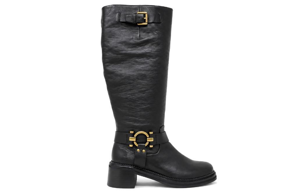 Botas altas biker Regarde Le Ciel RENA 02 de mujer en piel negra con hebillas doradas