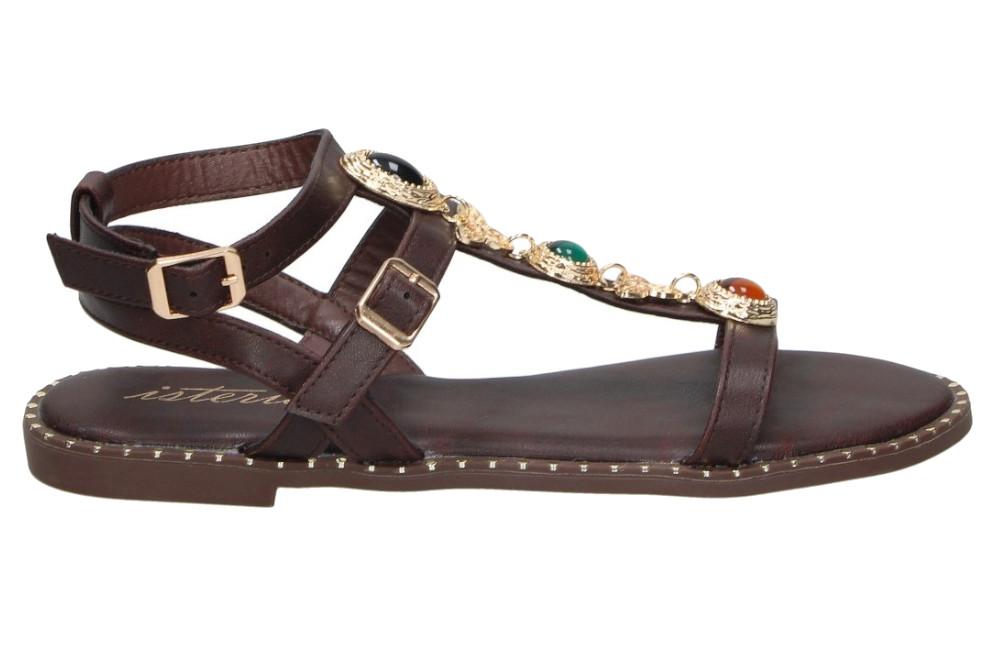 Sandalias planas romanas Isteria 1121 Marrón Chocolate para mujer | Sandalias Veganas con Hebilla