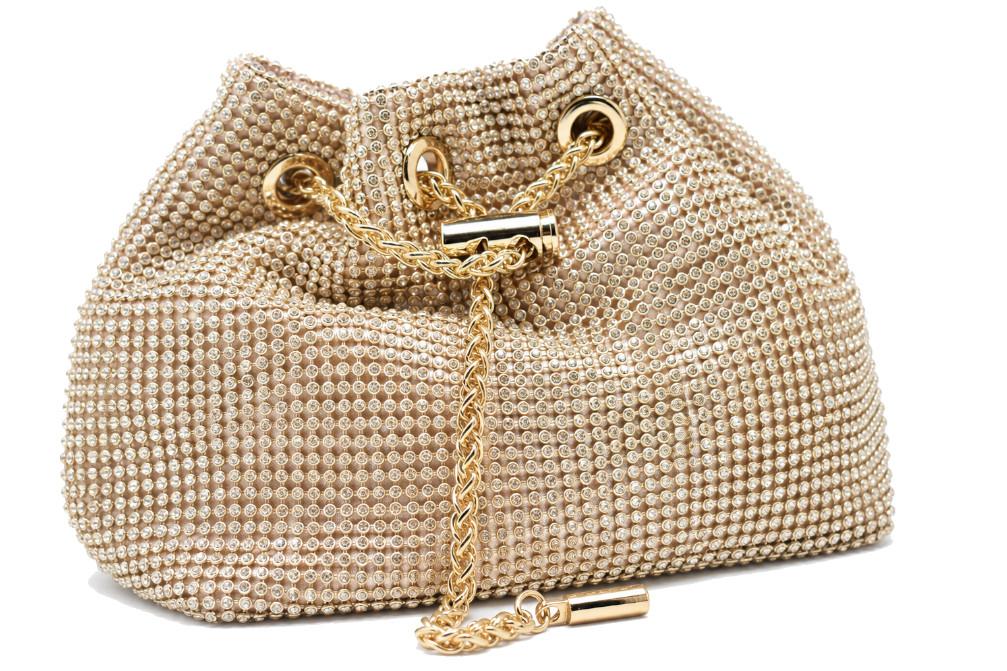Bolso de Fiesta Menbur AMB4200 Oro Tipo Saco con Strass y Cadena para Mujer