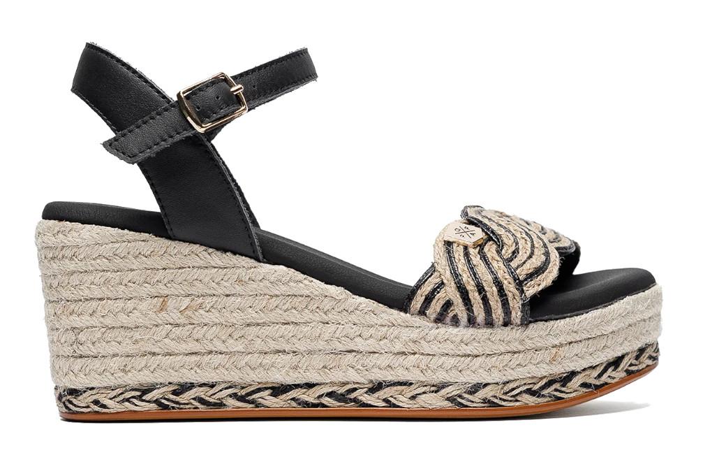Sandalia con cuña de esparto PopaGarua Yute negro– Alpargata Mujer con Hebilla