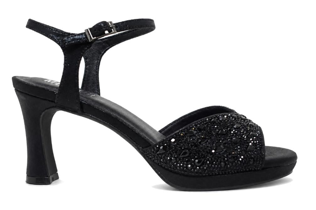 Sandalias de tacón Menbur AM716 – Sandalias de fiesta negras con pedrería y tacón medio elegante para mujer