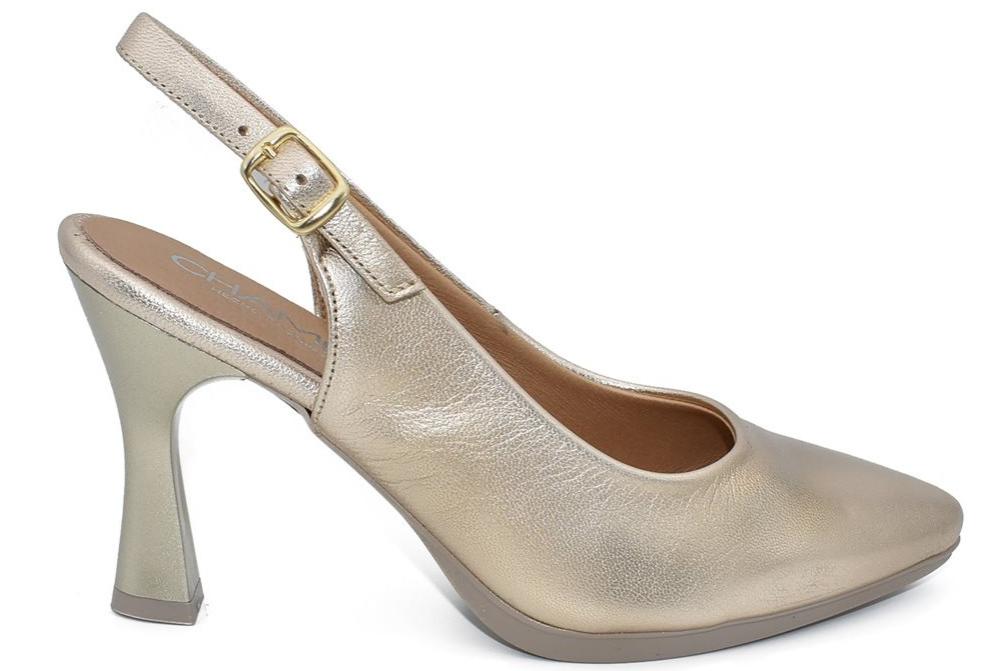 Zapatos de Tacón Destalonados Chamby 4251 Platino Mujer | Slingback de Piel Tacón Alto para Fiesta