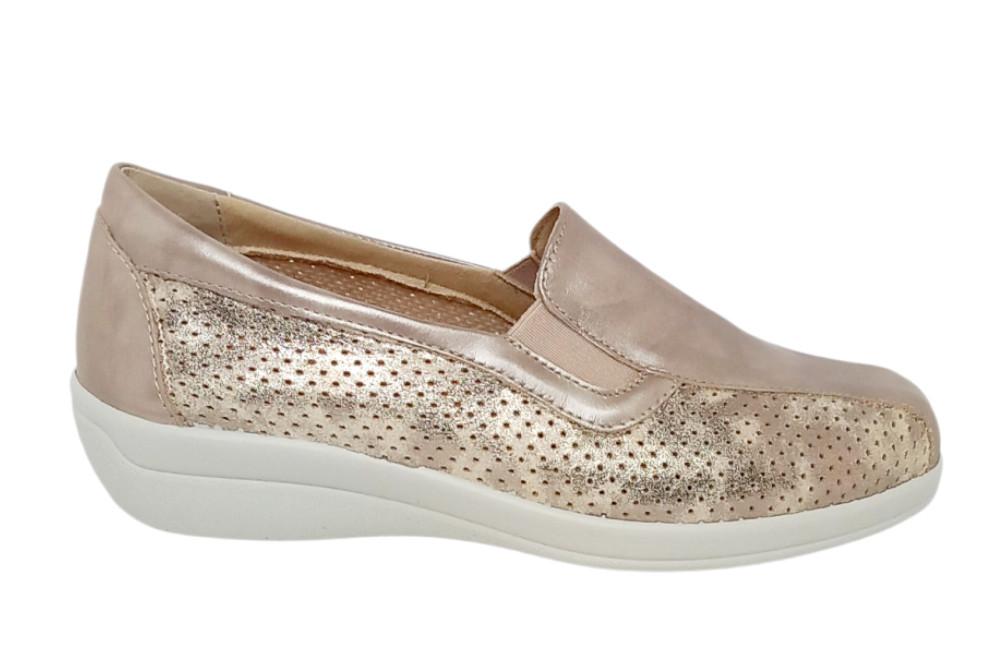 Mocasines Cómodos Mujer Dr. Cutillas 43646 Dorado Champán | Horma Ancha, Memory Foam y Cuña Ligera