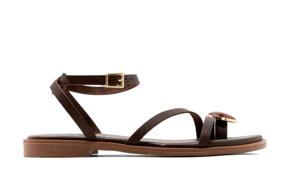Sandalia plana de dedo Oh! My Sandals 5855 marrón para mujer de piel