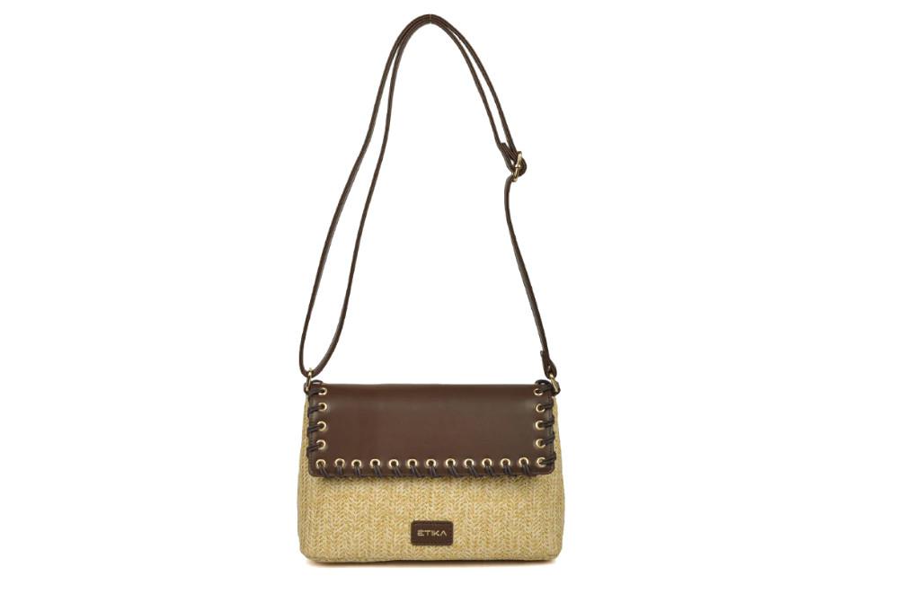 Bolso Bandolera ETIKA Linosa B30144 Chocolate para Mujer de Rafia con Asa Intercambiable