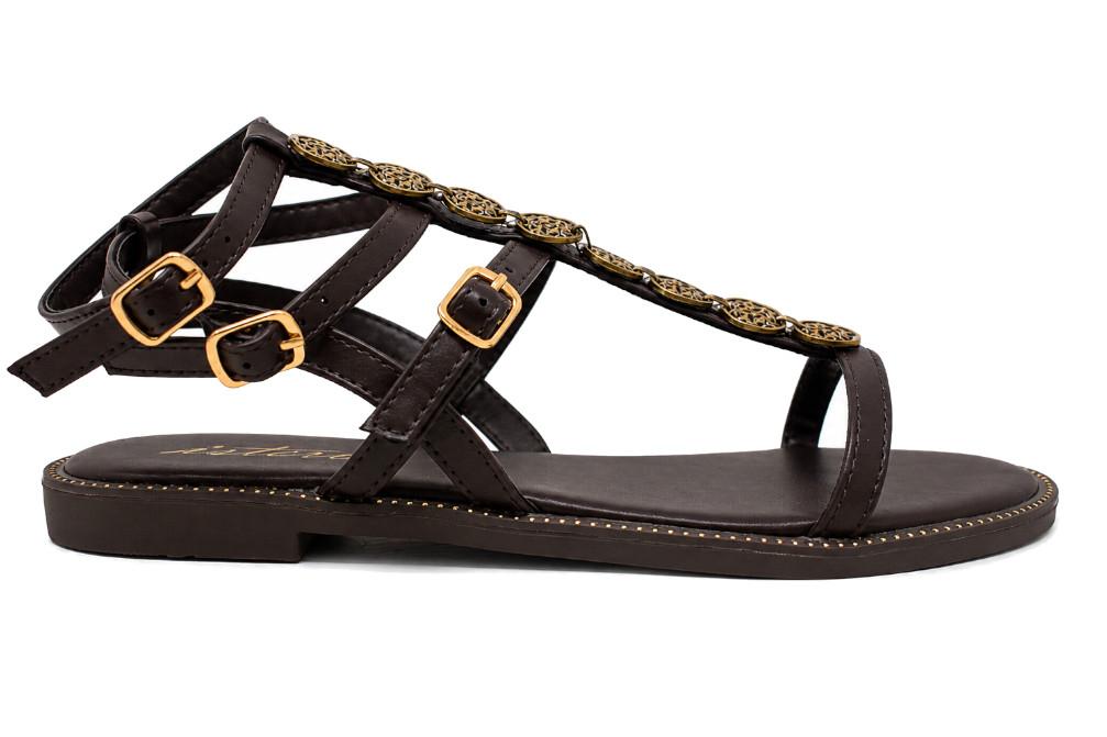 Sandalias Romanas Mujer ISTERIA 1179 Marrón | Sandalia Plana Vegana con Monedas Decorativas