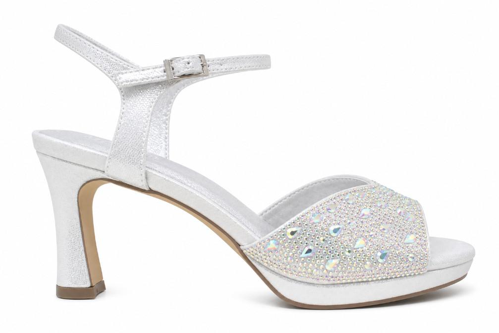 Sandalias de tacón Membur AM716 – Sandalias de fiesta color plata con pedrería y tacón medio elegante para mujer