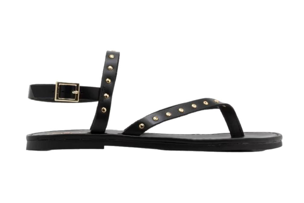 Sandalias Planas Porronet Alessandra Mujer Piel Negro – Estilo Romano con Tachuelas Metálicas