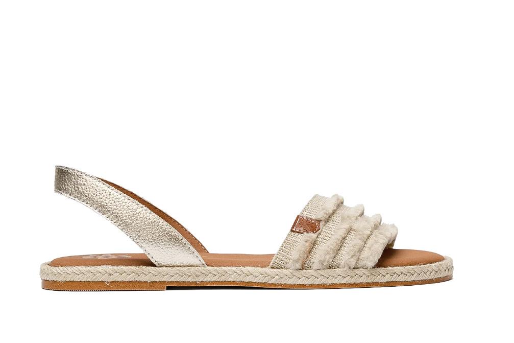 Sandalias planas Menorquina Popa Juncal con Flecos para Mujer en Oro Laminado