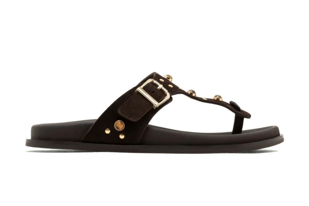 Sandalias de dedo planas Porronet HARPER moka 3294 – Sandalia cómoda con pedrería hecha en España
