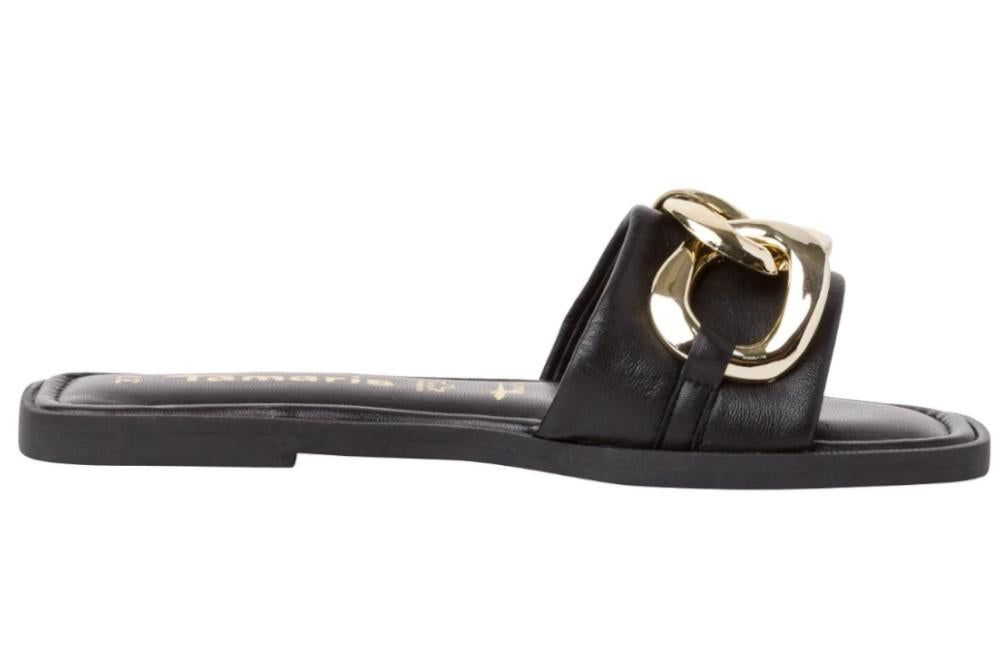 Sandalias Planas de Pala Tamaris 27119TA Negras para Mujer | Piel Natural y Plantilla Confort