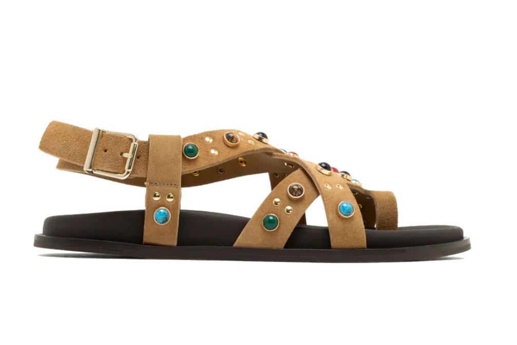 Sandalia plana de piel Porronet HAZEL 3295 camel – Sandalia cómoda con pedrería hecha en España