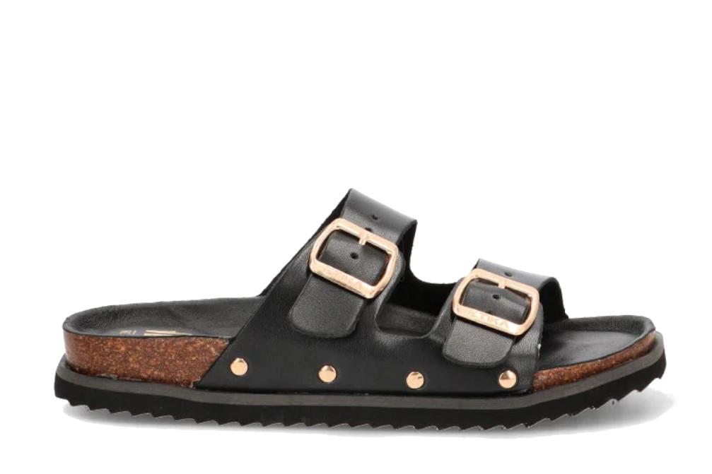 Sandalias planas Bio ETIKA Montesolaro 10096 Negras para Mujer con Hebillas y Plantilla de Piel