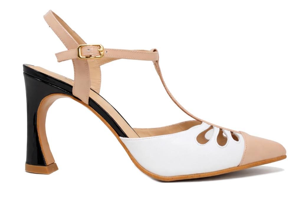 Zapatos de tacón Joni destalonados tira en T en napa blanca y charol nude | Tacón esculpido