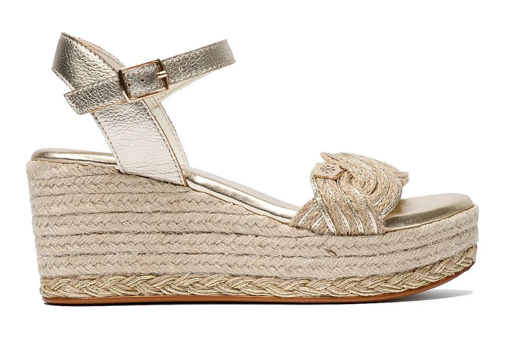 Sandalia con cuña de esparto PopaGarua Yute Oro – Alpargata Mujer con Hebilla