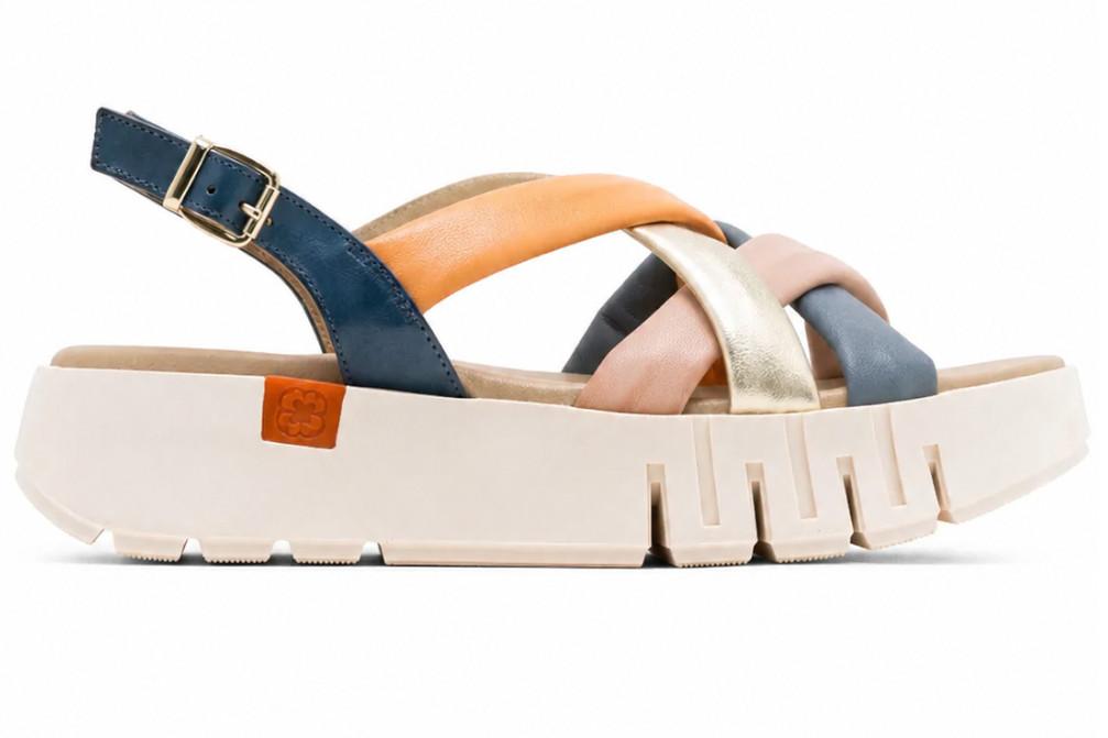 Sandalia de cuña de piel Porronet Daniela 3257 azul multicolor con hebilla