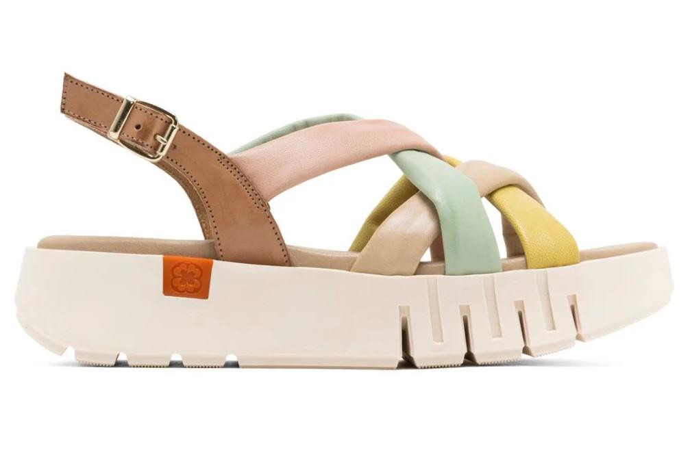 Sandalia de cuña de piel Porronet 3257 Daniela taupe multicolor con tiras y plataforma cómoda