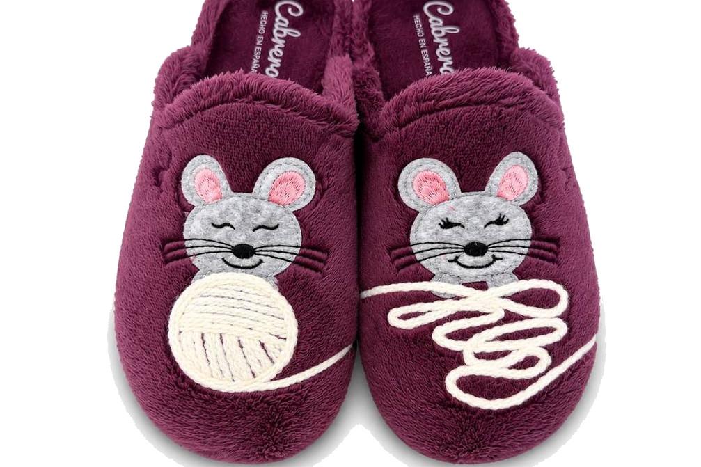 Zapatillas de casa Cabrera 4552 Ratón ciruela con bordado para mujer