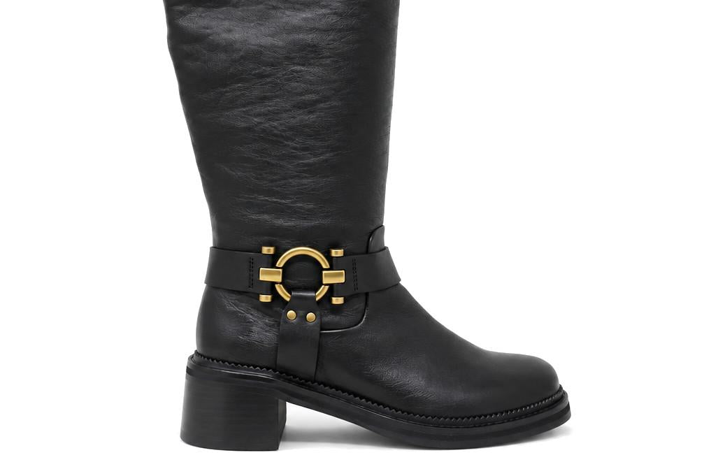 Botas altas biker Regarde Le Ciel RENA 02 de mujer en piel negra con hebillas doradas
