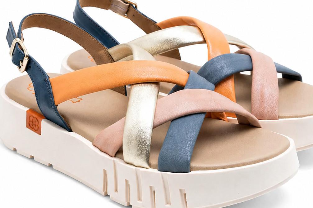 Sandalia de cuña de piel Porronet Daniela 3257 azul multicolor con hebilla