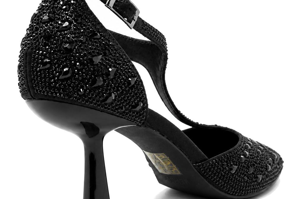 Zapatos de tacón Menbur AM714 – Zapatos de fiesta negros con pedrería de strass y tacón medio elegante para mujer
