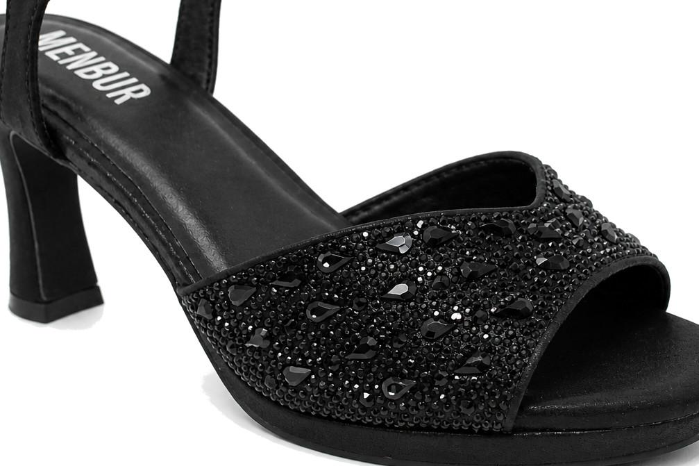 Sandalias de tacón Menbur AM716 – Sandalias de fiesta negras con pedrería y tacón medio elegante para mujer