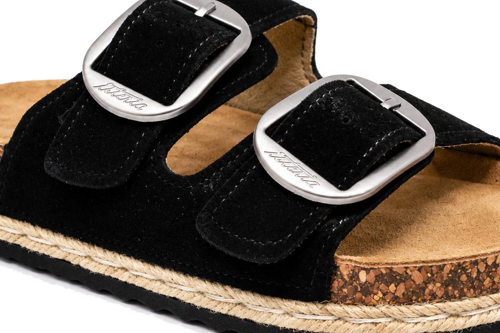 Sandalias doble suela Isteria 1012 negro de Piel para mujer| Sandalias Planas Bio con Hebilla