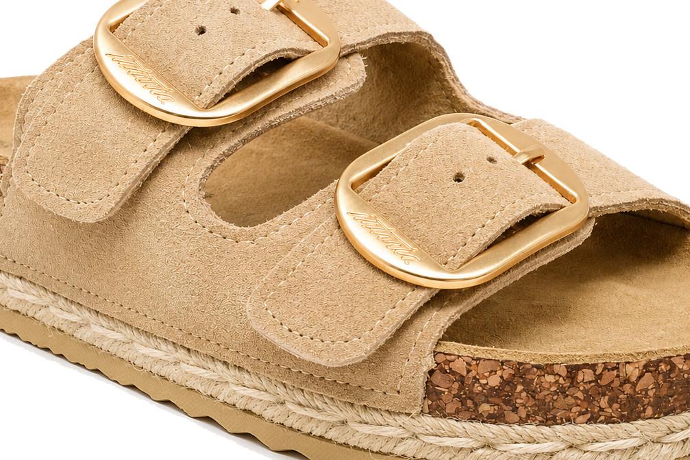 Sandalias doble suela Isteria 1012 Arena de Piel para mujer| Sandalias Planas Bio con Hebilla