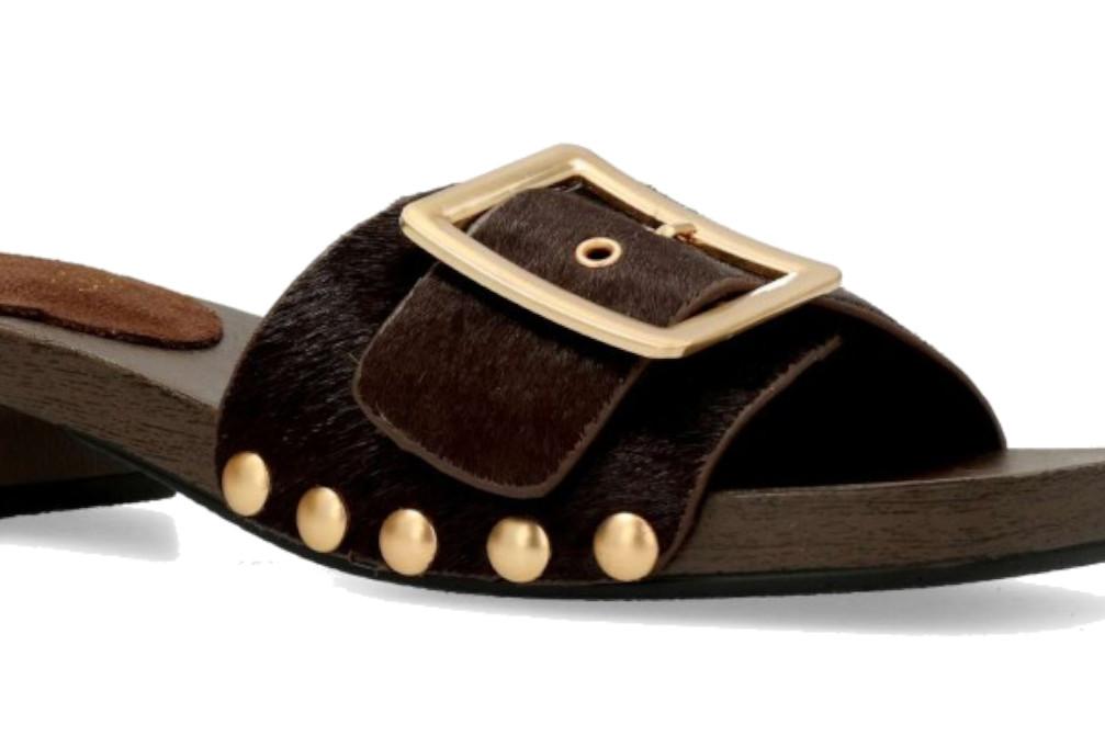 Sandalia de piel marrón TOP3 SF1642 para mujer | Mule de tacón medio cómoda y elegante