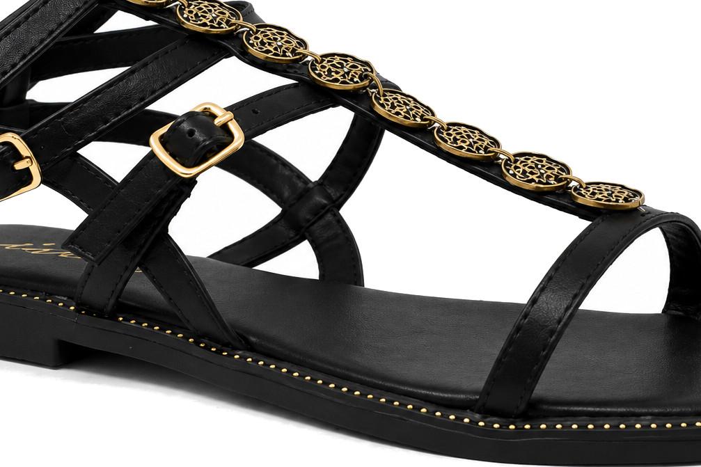 Sandalias Romanas Mujer ISTERIA 1179 negro| Sandalia Plana Vegana con Monedas Decorativas