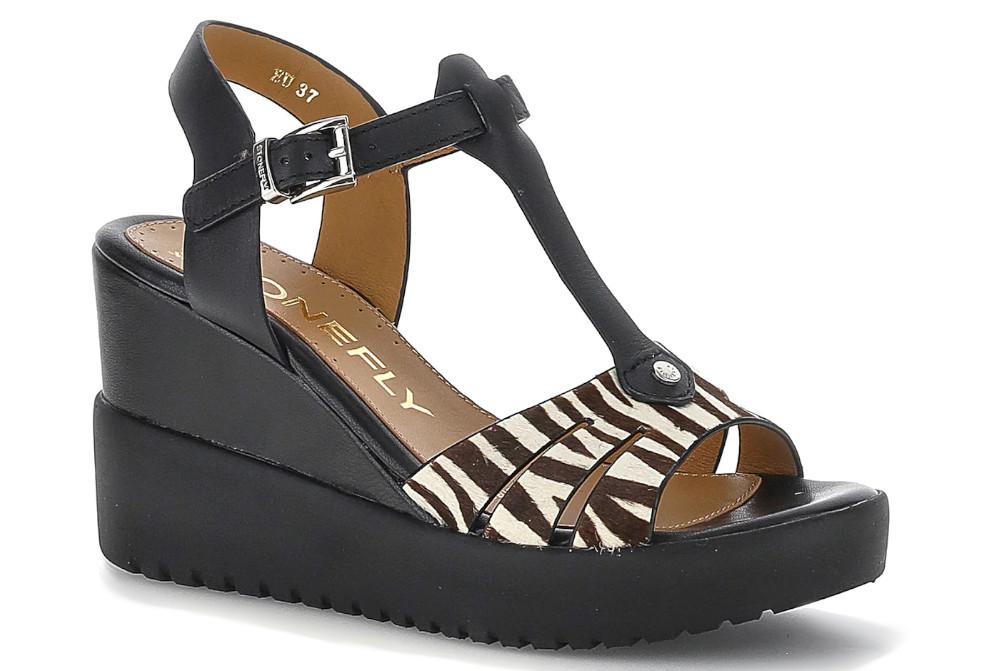 Sandalias con cuña alta Stonefly ELY 24 223700 negras de piel con animal print