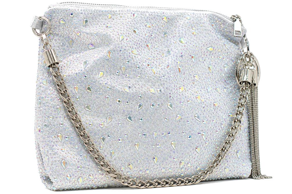 Bolso de Fiesta Menbur AMB1109 Plata con Pedrería, Cremallera y Doble Asa para Mujer