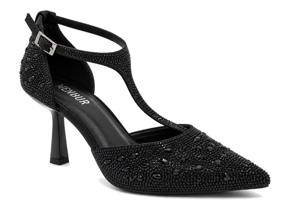 Zapatos de tacón Menbur AM714 – Zapatos de fiesta negros con pedrería de strass y tacón medio elegante para mujer