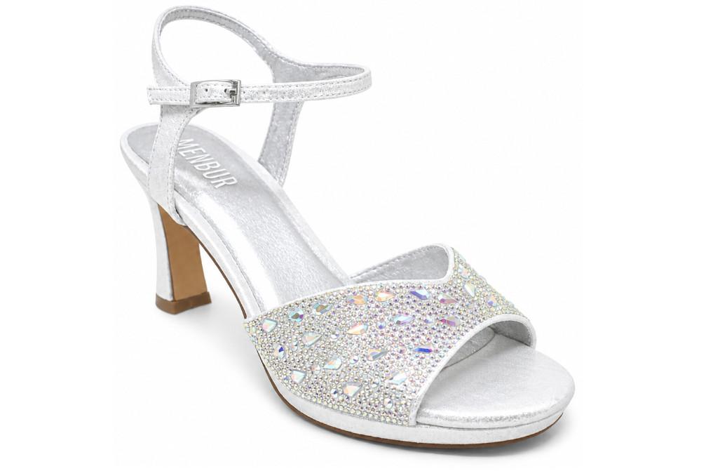 Sandalias de tacón Membur AM716 – Sandalias de fiesta color plata con pedrería y tacón medio elegante para mujer