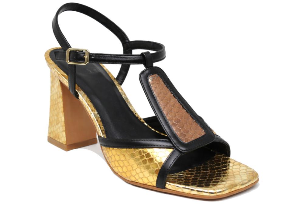 Sandalias de tacón Joni 30064 negro dorado y bronce en piel grabada | Tacón ancho cómodo