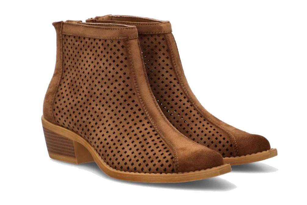 Botín calado para ETIKA Prome 31129 camel con tacón medio cómodo y cremallera lateral- Botín cowboy de verano