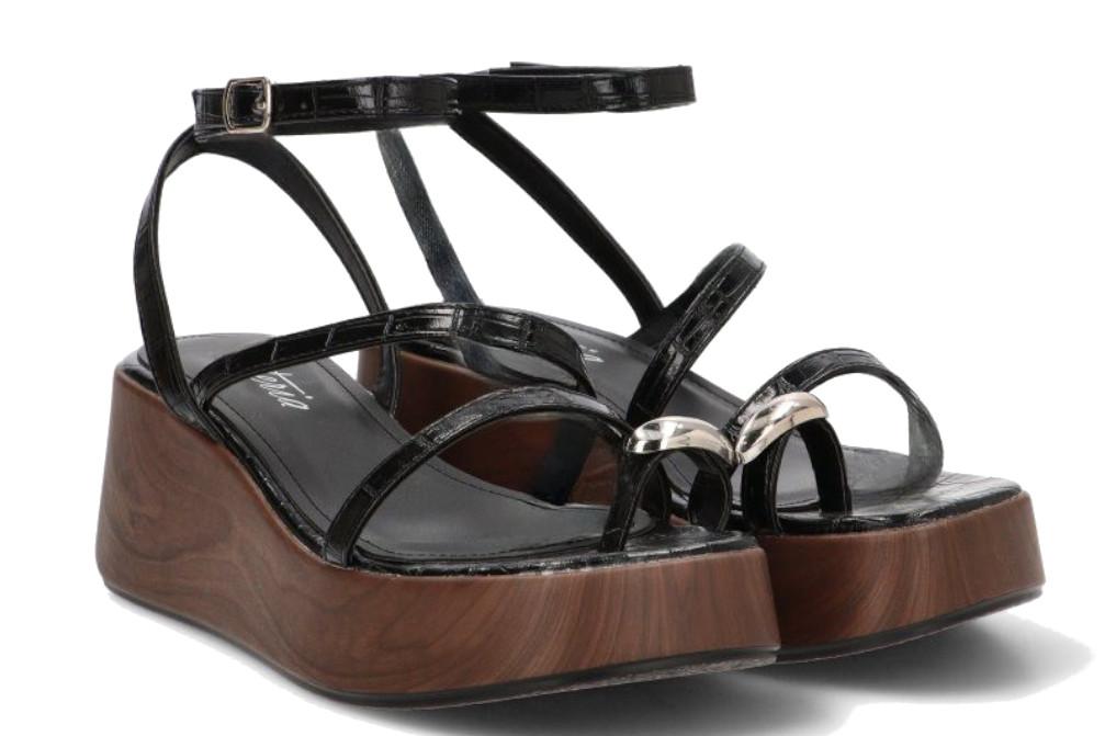 Sandalia de dedo con cuña media ISTERIA 1112 Negro para mujer| Comodidad y Estilo para Verano
