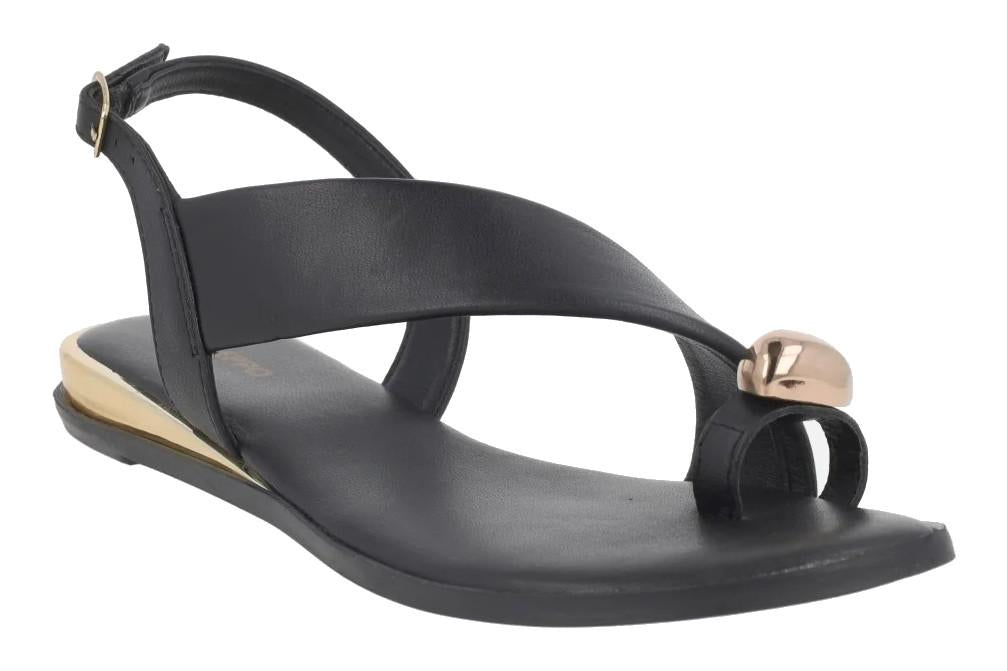 Sandalias Planas Gioseppo 79072 Stony en negro de Piel con Anillo Joya y Detalles Metalizados para Mujer