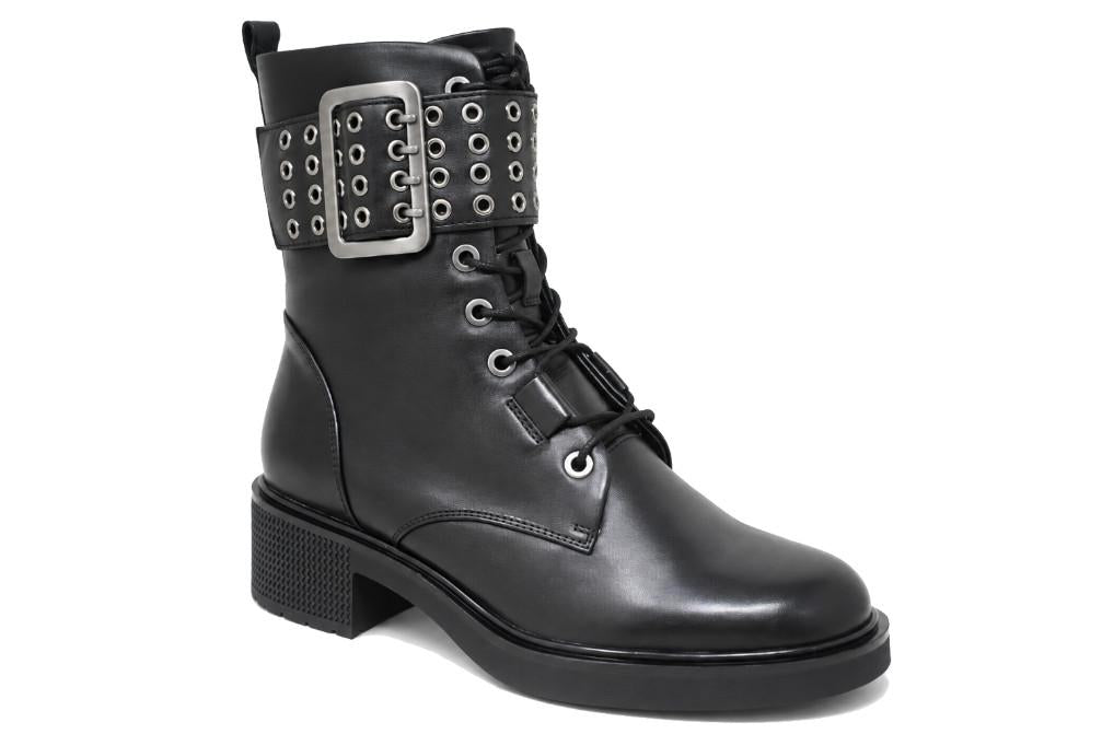 Botines militares de piel negros con cordones Regarde le Ciel Renee-01 para mujer