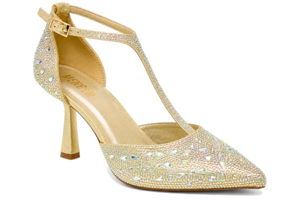 Zapatos de tacón Menbur AM714 – Zapatos de fiesta oro con pedrería de strass y tacón medio elegante para mujer