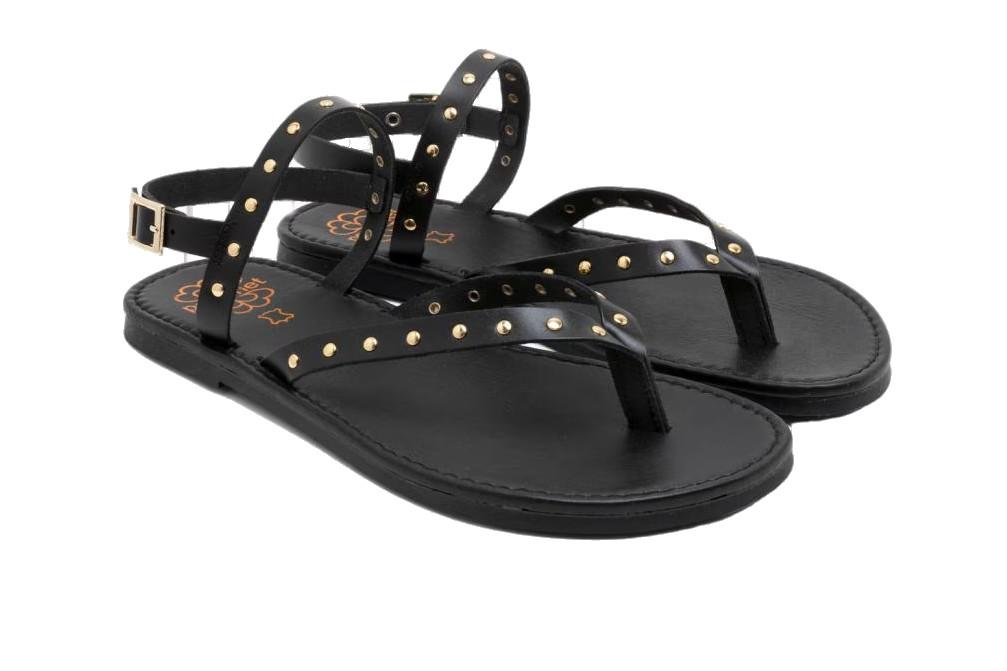 Sandalias Planas Porronet Alessandra Mujer Piel Negro – Estilo Romano con Tachuelas Metálicas