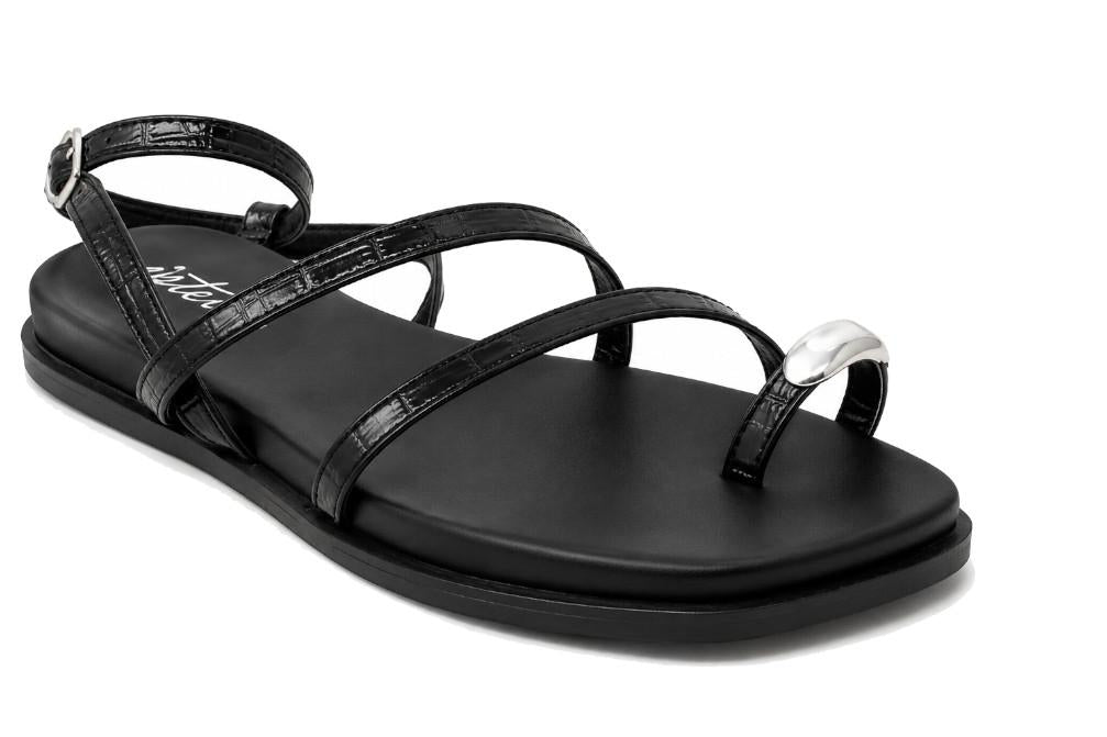 Sandalias Planas Romanas Mujer ISTERIA 1167 Negro Efecto Coco – Sandalias de Dedo Elegantes para Verano