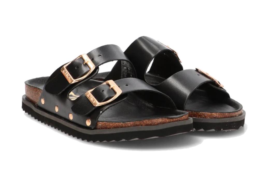 Sandalias planas Bio ETIKA Montesolaro 10096 Negras para Mujer con Hebillas y Plantilla de Piel