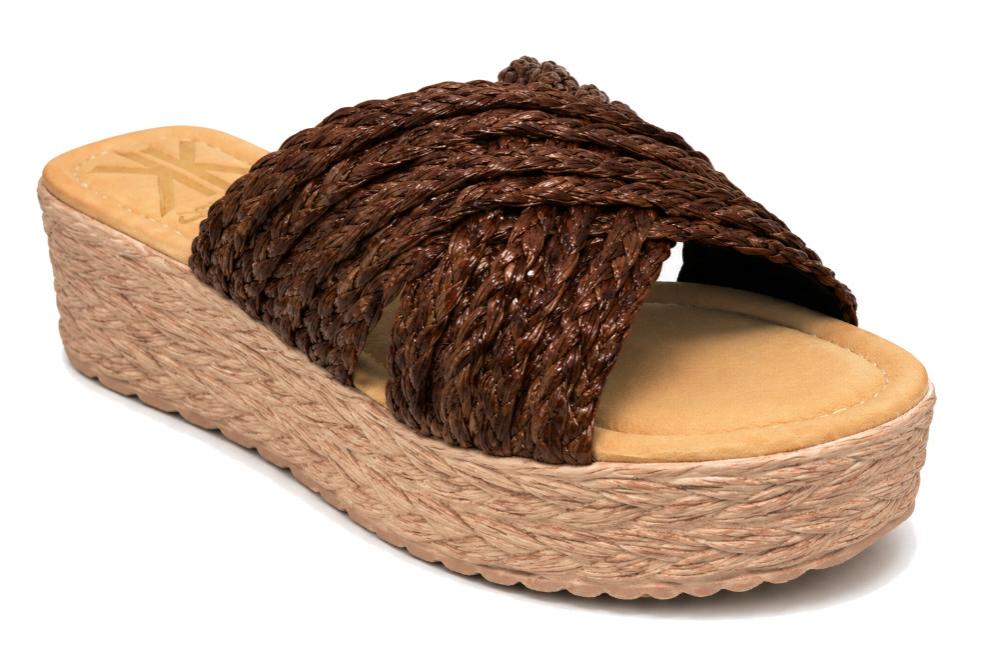 Sandalias Mule Cokketa 330 marrón Mujer | Pala Cruzada de Rafia con Plataforma y Plantilla Gel
