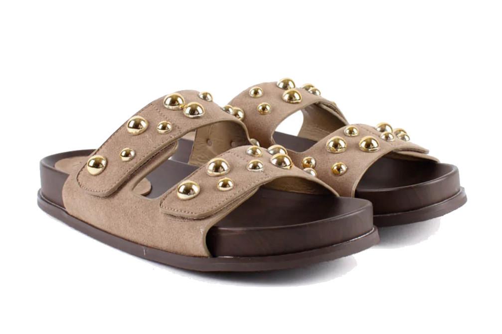 Sandalia bio de ante piedra TOP3 SF1651 para mujer | Con bolas doradas y plantilla anatómica